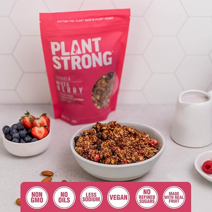 PLANTSTRONG Crispy Mixed Berry Crumble Granola Snack Mix - Whole Grain, Naturally Sweetened With Fruit, Plant Based, Oil Free - Pack of 4 x 9oz Bags