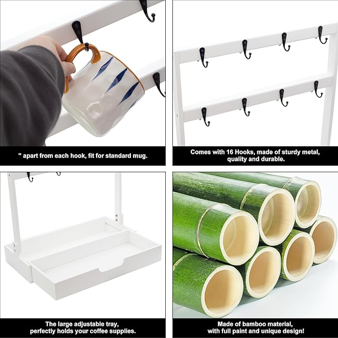 MinBoo Coffee Mug Cup Stand Bamboo Counter Top with 16 Hooks 2 Tier Coffee Mugs Tree with Coffee Pod Drawer Countertop Mug Rack Shelf Organizer Stand for Home Coffee Bar Kitchen Storage Display White