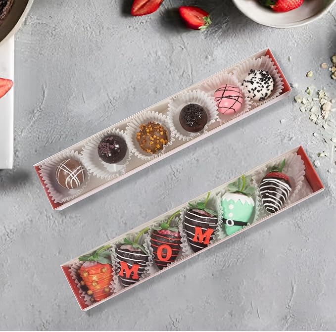 50Pack 12x2¼x2 Inch Chocolate Covered Strawberry Boxes for 6 Macaron boxes Chocolate Truffle Boxes Cookie boxes Bakery Boxes with Clear Window Washi Tape Boxes