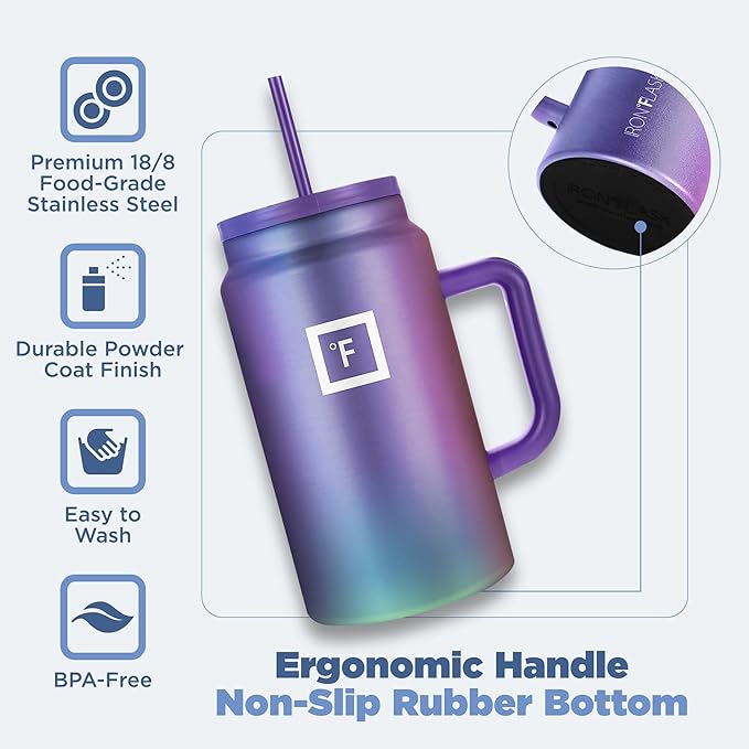 IRON °FLASK Co-Pilot Insulated Mug w/Straw & Flip Cap Lids - Cup Holder Bottle for Hot, Cold Drink - Leak-Proof - Water, Coffee Portable Travel Mug - Sage, 50 Oz