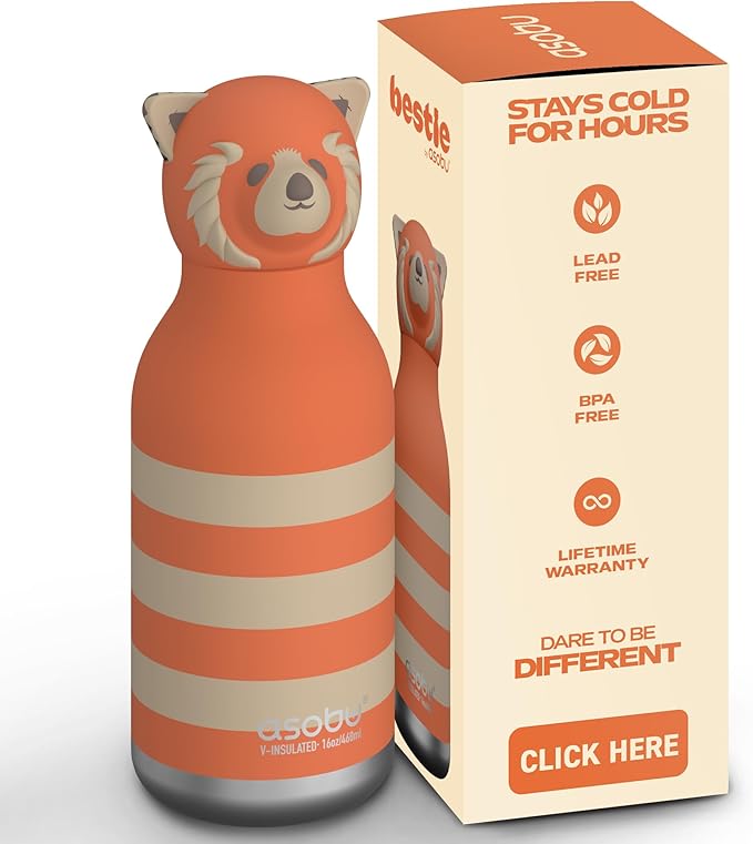 asobu Bestie Bottle Insulated Stainless Steel Water Bottle with Detachable Soft Animal Head Fun Drinking For Kids and Teens with Flexible Reusable Straw 16 Ounce