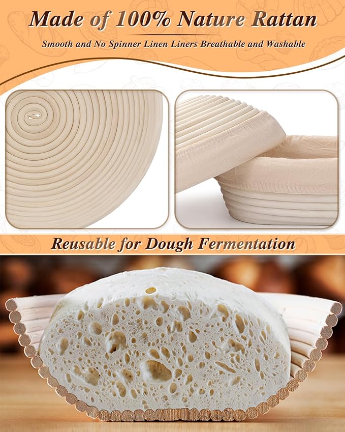 Banneton Basket Set of 2, 10" Oval & 9.7" Round Banneton Bread Proofing Basket with Liners, Bread Lame, Silicone Baking Mat, Danish Whisk, Brush, Proofing Bowls Sourdough Starter Kit Tools