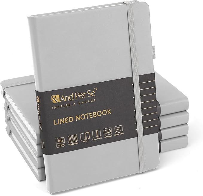 &And Per Se Lined Journal Notebook (5 Packs), 160 Pages, A5 5.7 x 8 inches College Ruled Thick Paper Notebook Journals for Writing, Hardcover Notebooks for Women Men Office School (Grey)