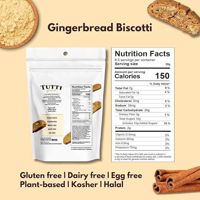 Tutti Gourmet Gluten Free Gingerbread Biscotti, 9.9 oz (283g) Resealable Cookie Bag - Vegan and Halal Snacks