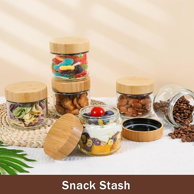 OcePor 4 Pack 10oz Glass Jars with Bamboo Lids, Over Night Oats Container with Airtight Lid, Glass Snack Storage Salad Jars For Food, Yogurt, Sugar and Flour,Coffee Bean, Cookie, Cereal
