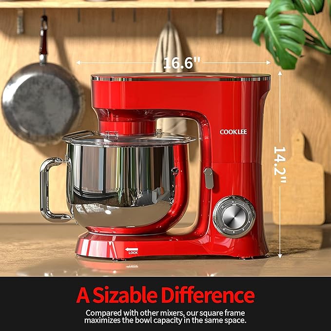 COOKLEE Stand Mixer, 9.5 Qt. 660W 10-Speed Electric Kitchen Mixer with Dishwasher-Safe Dough Hooks, Flat Beaters, Wire Whip & Pouring Shield Attachments for Most Home Cooks, Ruby Red