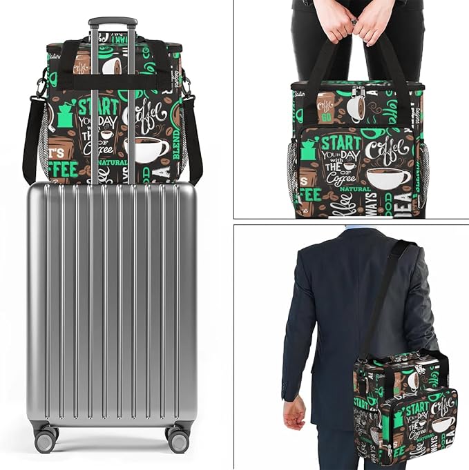 coffee cup coffee beans cyan Coffee Maker Carring Bag Travel Carrying Storage Tote Bag Compatible Portable Single Serve Coffee Brewer Case with Pockets for K-cup Pods