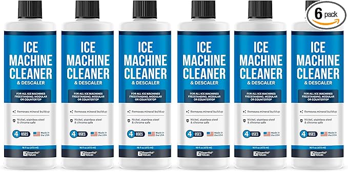 Essential Values Ice Machine Cleaner and Descaler 16 fl oz - Nickel Safe Countertop Ice Maker Cleaner - Compatible with Major Brands (Scotsman, KitchenAid, Affresh, etc.) - 6 pack
