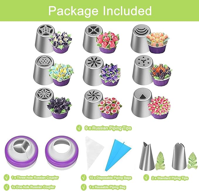 24-Piece Russian Piping Tips Set, Cake Decorating Kit with 9 Frosting Nozzles, Reusable Piping Bags, and Baking Supplies for Cupcakes, Cookies, Cakes - Ideal for Bakers & Beginners