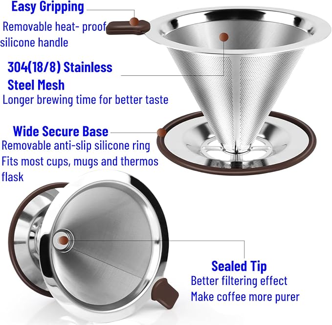 Reusable Paperless Coffee Filter V60,Coffee Dripper,Professional Stainless Steel Drip Cone Brew Coffee Strainer,Double Micro Mesh Filter,Coffee Filter Mug,Silicone Handle & Non-Slip Silicone Base (M)