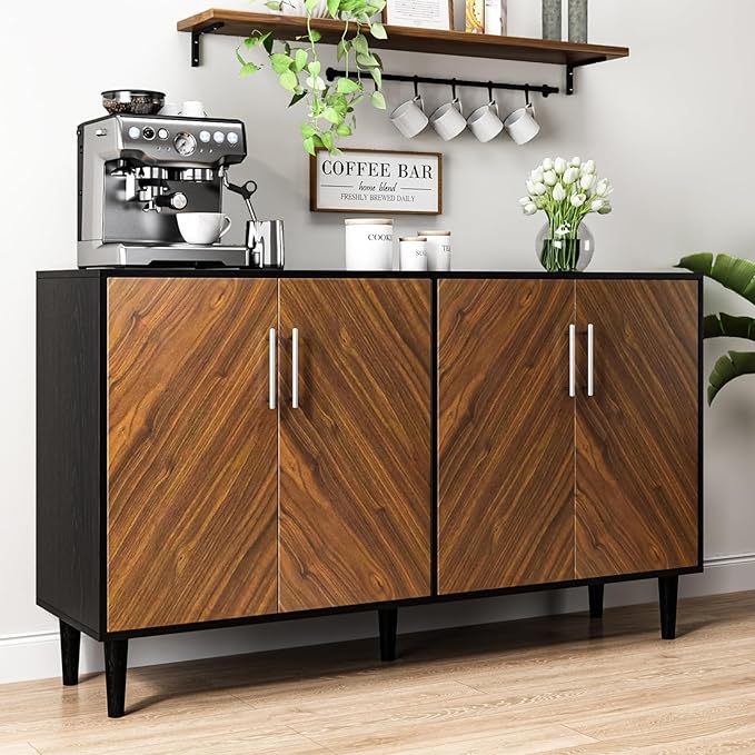 4 EVER WINNER Buffet Cabinet with Storage, 58" Sideboard Cabinet with Adjustable Shelves, Modern Coffee Bar with 4 Doors for Living Room Entryway, Walnut and Black