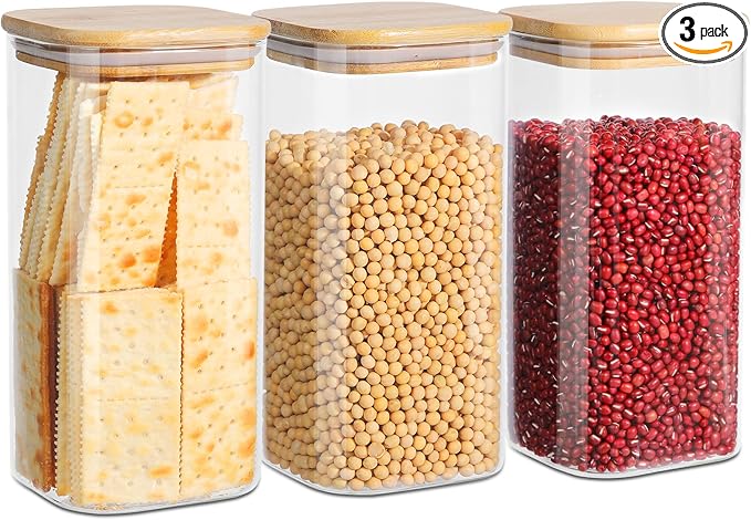 Glass Food Storage Jars with Lids(50oz)Square Set of 3 ,Glass Storage Containers Clear Glass Food Canister with Bamboo Lid Airtight For Serving Tea, Coffee Beans, Flour,Cookie, Cereal,Spice and More