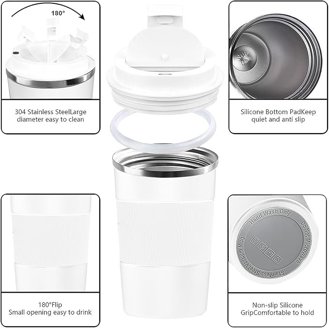 YINBAOGE Insulated Travel Coffee Mug Spill Proof Leak Proof Pobtable To Go Camping Stainless Steel Coffee Tumbler Reusable Coffee Cups with Lids Thermos for Hot and Cold Drink (White, 17 OZ)