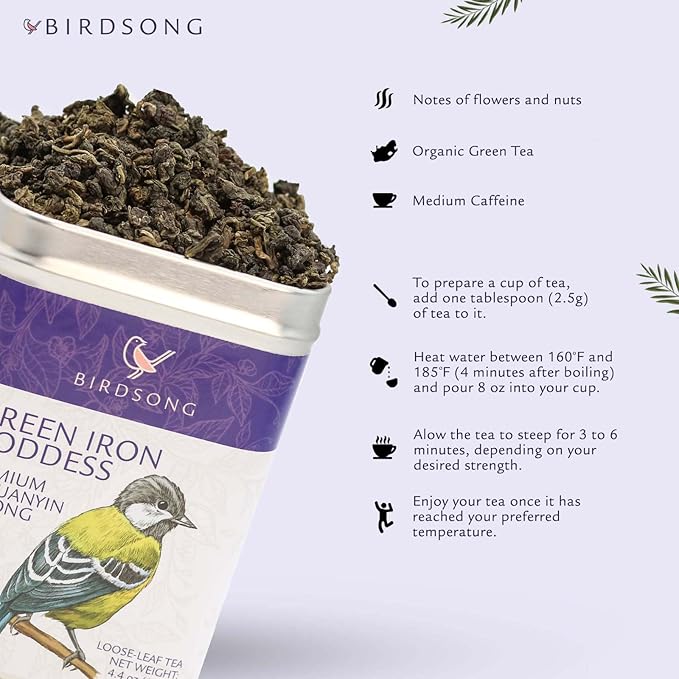 Birdsong Green Iron Goddess: Organic Oolong Tea, light, refreshing, soothing 100% Natural Herbal Tea with Floral and Nutty Taste, Medium Caffeine Alternative to Coffee, Loose Leaf Hot Tea