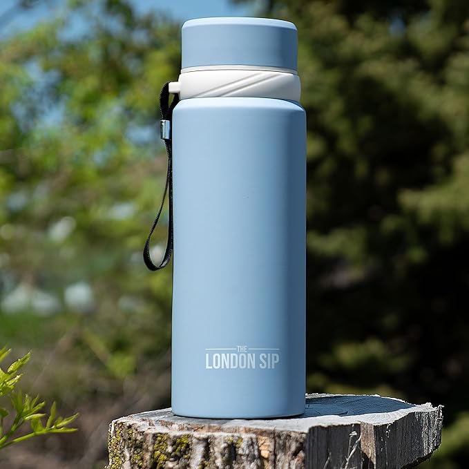 London Sip 25 oz Multi-Purpose Tea Infuser Mug – Fruit Infuser Water Bottle for Hot and Cold – Double Wall Stainless Steel Insulated, Blue Sunrise