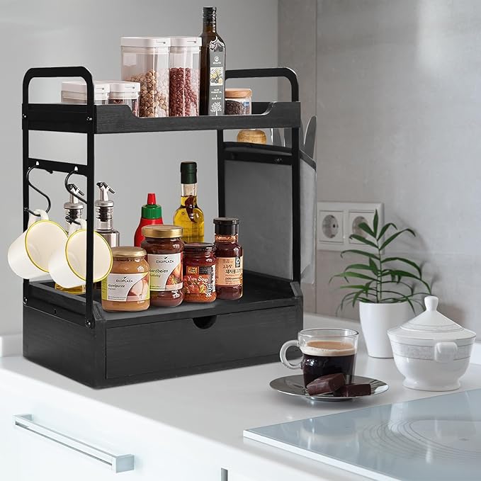 Wooden Coffee Bar Organizer - 2-Tier Station with Pod Holder, Syrup Snack Organizer, Bag & Hooks (Black)