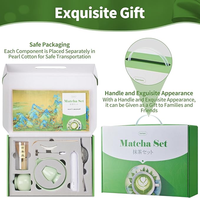 Matcha Whisk Set,9 Pcs Japanese Matcha Set Pink, Matcha Kit with Sifter, Matcha Tea Cloth, Matcha Powder Canister, Electric Rechargeable Frother(Green)