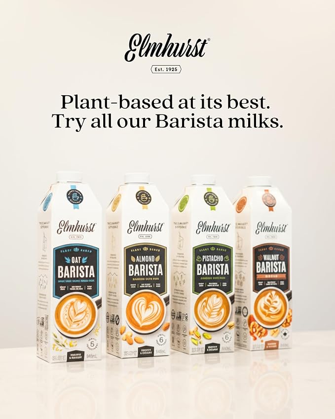 Elmhurst 1925 Almond Milk Barista Edition – 32oz (6-Pack) Plant-Based, Vegan, Dairy-Free, Kosher, Gluten-Free, Non-GMO, Froths for Lattes & Iced Coffee, 3g Protein per Serving, Simple Ingredients
