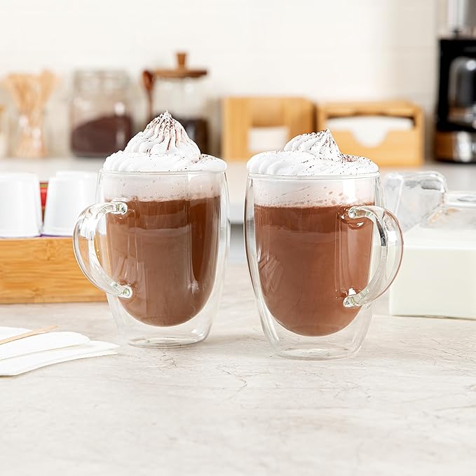 Restaurantware-Forma Professional 11.8 Ounce Glass Coffee Cups, 12 Insulated Coffee Cups With Handle - Dishwashable, Reusable, Clear Double Wall Beverage Tumblers, Freezable For Hot Or Cold Beverages