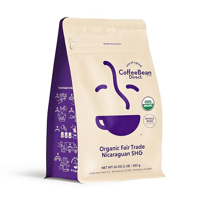 Coffee Bean Direct Organic Fair Trade Nicaraguan SHG, Whole Bean Coffee, Light Roast, 1 Pound Bag (Pack of 1)