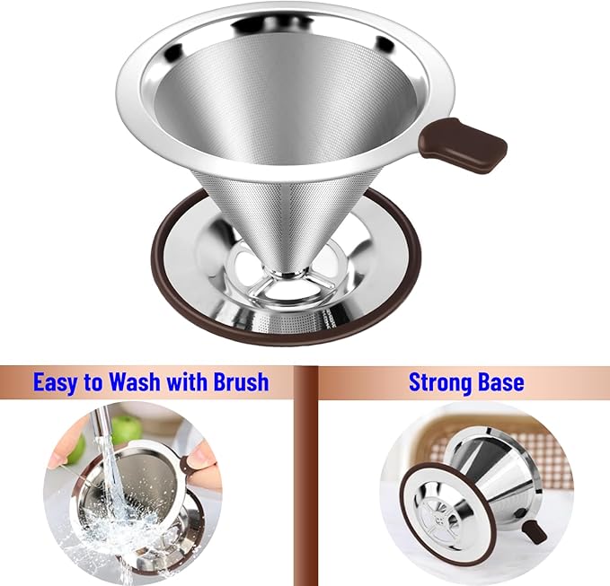 Reusable Paperless Coffee Filter V60,Coffee Dripper,Professional Stainless Steel Drip Cone Brew Coffee Strainer,Double Micro Mesh Filter,Coffee Filter Mug,Silicone Handle & Non-Slip Silicone Base (M)