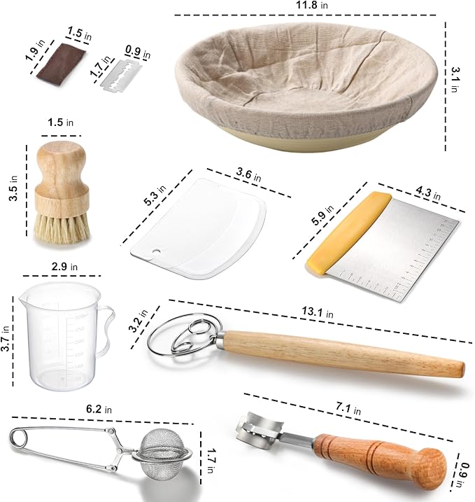 Banneton Bread Proofing Basket Set,11" Round Sourdough Bread Baking Supplies, Sourdough Starter Kit with Bread Lame,Danish Whish, Bowl Scraper,Dough Whisk for Bread Making