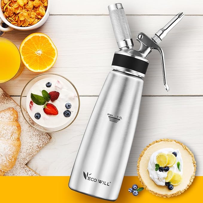 Professional Stainless Steel Cream Whipper, 500ml – For Perfect Whipped Cream, Dessert Mousses, Cocktails & More – Easy to Use & Clean (Stainless Steel 0.5L)