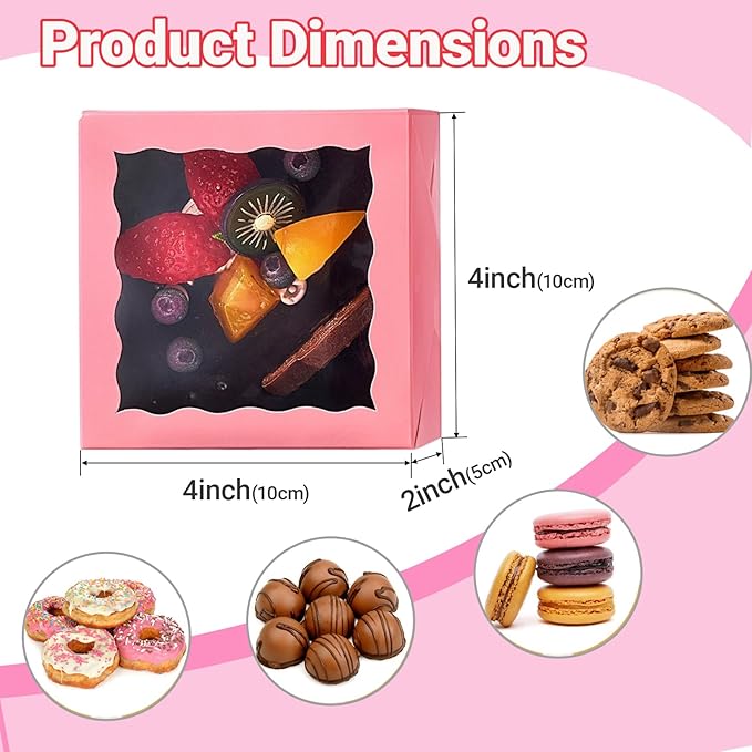 90 Pack 4x4x2 Inches Pink Bakery Boxes (Clear Window) – Ideal for Packaging Macaron, Ores, Chocolate Truffle, Strawberry, Cookie, Donut, Pie – Party, Wedding, Holiday Favors
