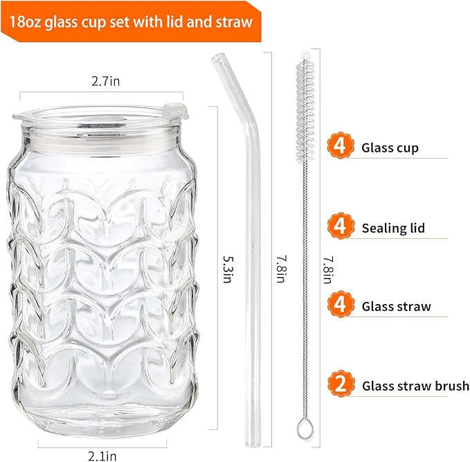 Jiuchen 4-Pack 18oz Borosilicate Glass Cups with Leakproof Lids & Straws,Multi-Use Tumblers for Office and Home - Iced Coffee, Smoothies, Cocktails, Juice, Iced Tea & Protein Shakes, Dishwasher Safe