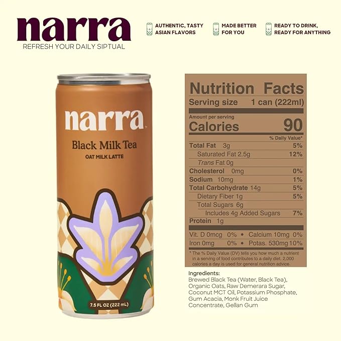 Narra, Oat Milk Tea Latte - Black Tea, Natural Caffeine & L-Theanine, Organic Oat Milk, MCT Oil, Vegan, Dairy Free, No Refined Sugar, Non-GMO, 7.5 Fl Oz (12 Pack)