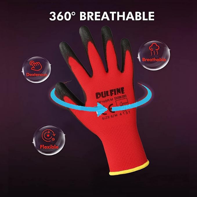 DULFINE Safety Work Gloves PU Coated-12 Pairs,Red Seamless Knit Glove with Polyurethane Coated Smooth Grip on Palm & Fingers, for Men and Women, Ideal for General Duty Work (XX-Large)
