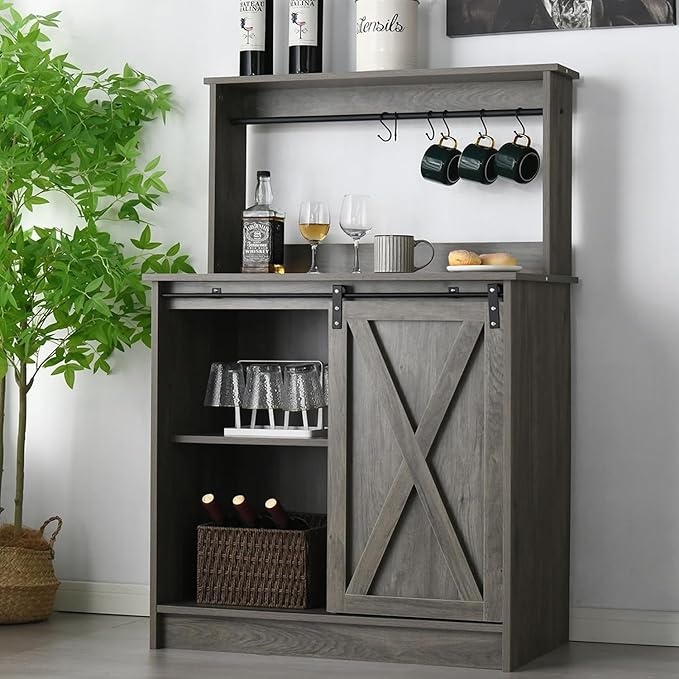 4ever2buy Farmhouse Coffee Bar Cabinet with 6 Hooks, 50'' Kitchen Buffet Hutch Cabinet with Sliding Barn Door, Small Coffee Bar Table with Hutch for Dining Living Room, Wash Gray