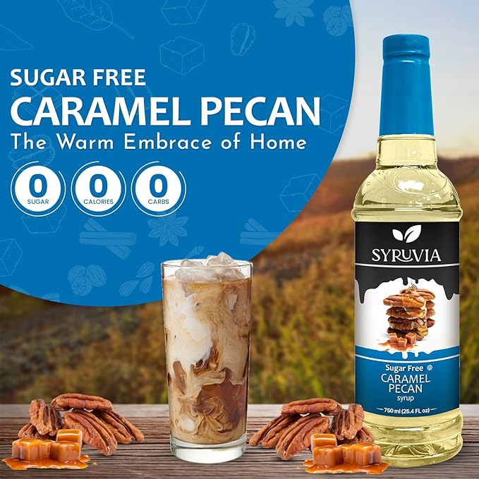 Syruvia Sugar Free Coffee Syrup, Caramel Pecan Flavored Syrup for Drinks, Lattes, and Desserts – 25.4 fl oz