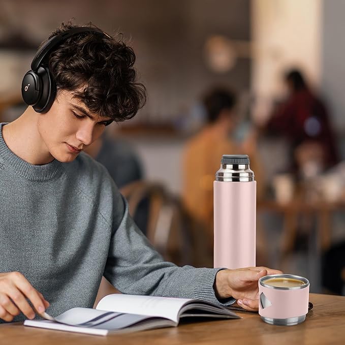Stainless Steel Thermo 700ml/23.7oz Vacuum Insulated Bottle with Cup for Coffee Hot drink and Cold drink water flask.(Pink,Single)