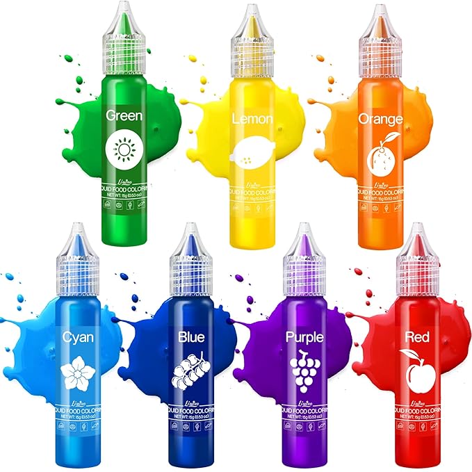 Food Coloring Set - Rainbow Edible Food Color Dye for Baking, Cake Decorating, Royal Icing, Cookie, Fondant and Macaron - 7 x 15g Food Grade Liquid Food Coloring Kit for DIY Slime and Crafts Making
