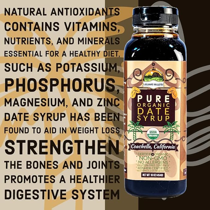Coachella California Pure Organic Date Syrup By Julian's Valleys, 16 Ounce Squeeze Flip Cap, Gluten-free, Vegan, GMO-Free, Kosher