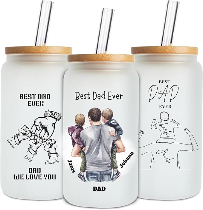 Mason Life Personalized Glass Cup with Name-Can Shaped Glass with Lids and Straws-18OZ Iced Coffee Cups (DAD)