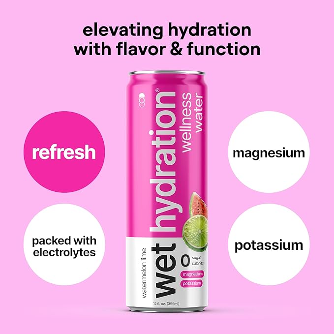 Wet Hydration | Functional Wellness Water, Non-Carbonated - Watermelon Lemon Lime (12 Ounce Cans, Pack of 12) - Flavored Water, Hydration Drink, No Sugar, No Artificial Ingredients, Zero Calories