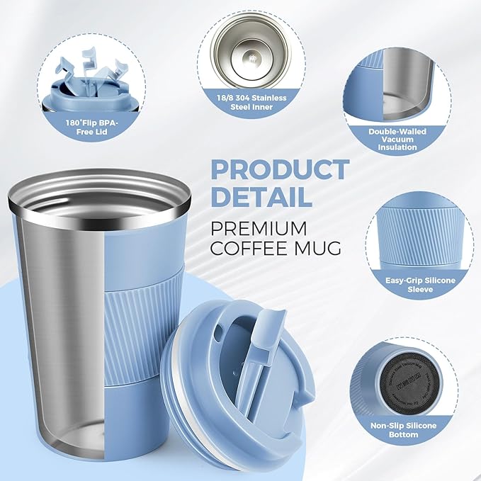 Volhoply 13 oz Stainless Steel Insulated Travel Coffee Mug with Fip Lid Bulk 4 Pack,Reusable Double Wall Vacuum Metal Coffee Cup,Portable Leak Proof Thermal Tumbler for Hot & Cold Drinks(Fog,4)