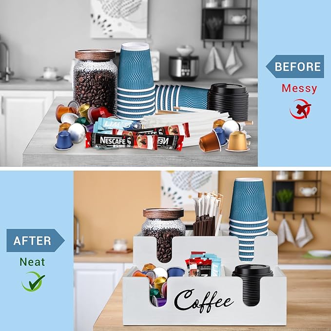 Wooden Coffee Station Organizer - 6 Compartment Lid Holder for Counter, Dispenser for Paper Cups, Condiment Storage