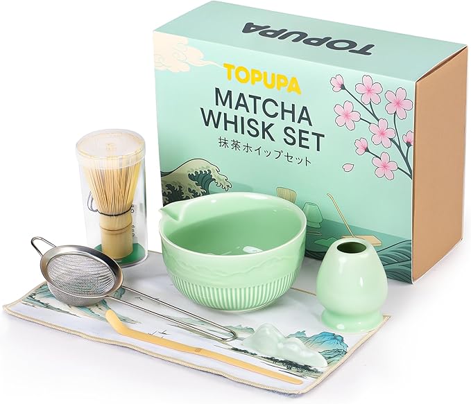 Matcha Bowl and Whisk Set 7PCs Includes Fuji Design 17oz Ceramic Bowl Whisk Holder Bamboo Spoon and Rest Sifter Tea Towel Matcha Kit for Ceremony Blue Matcha Tea Set for Making Breakfast Latte