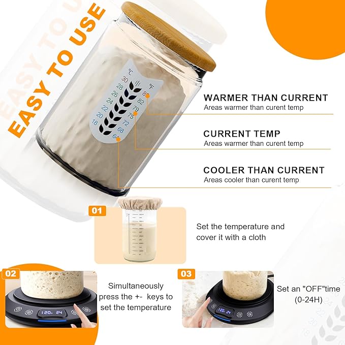 Sourdough Starter Warmer Set – Precise 1°F Thermostat (70-120°F), 24H Timer, Smart Memory Warming On/Off - Fits Jars Up to 40oz, Sourdough Kit for Home Baking (Black)