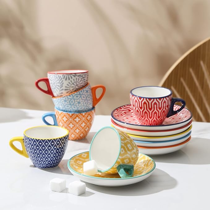 Selamica Ceramic 2 oz Espresso Cups, Small Expresso Coffee Cup Set with Saucers, Porcelain Mini Demitasse Cups for Latte Mocha Tea, Set of 6, Assorted Colors