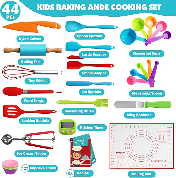 44Pcs Kids Cooking & Baking Set for Real Cooking, Kids Safe Knife & Cooking Tools Utensils with Cookbooks, Toddler Safe Montessori Kitchen Tools Birthday for Girls Boys Ages 6+