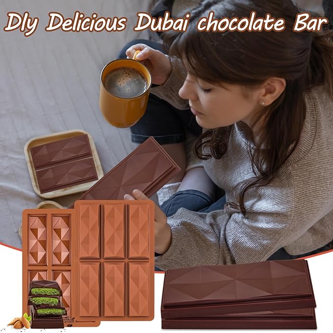 Chocolate Bar Molds 2 Pack,Deep Dubai Pistachio Stuffed Bar Silicone Mold for Making Filling Rhombus Shapes Candy Granola and Pastry Snacks