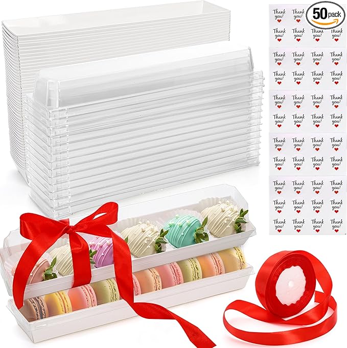 Dicunoy 50 Pack Strawberry Boxes with Clear Lids, 11" Macaron Box with Ribbon and Stickers, Chocolate Covered Strawberries Package Boxes for Cookies, Cocoa Bomb, Truffles, Valentine's Day, Christmas