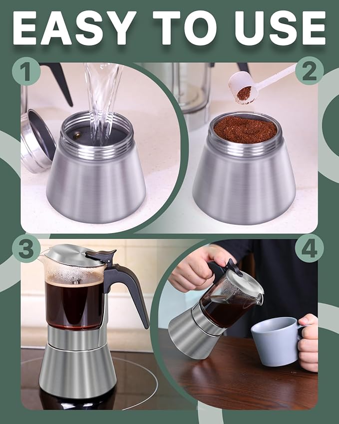 Grasseed Stainless Steel Moka Pot, Crystal Glass-top Coffee Maker Mocha Pot, Italian Stovetop Espresso Maker for Coffee - 9 Cup/360ml