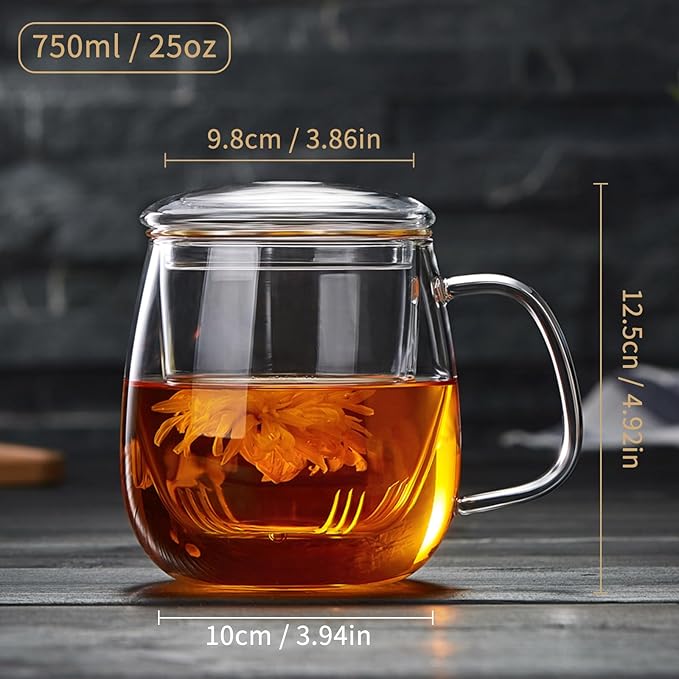 Large Glass Tea Cup, 25.6 oz Borosilicate Glass Tea Mug with Infuser and Lid, Clear Tea Cups for Brewing Scented Tea and Tea Bag