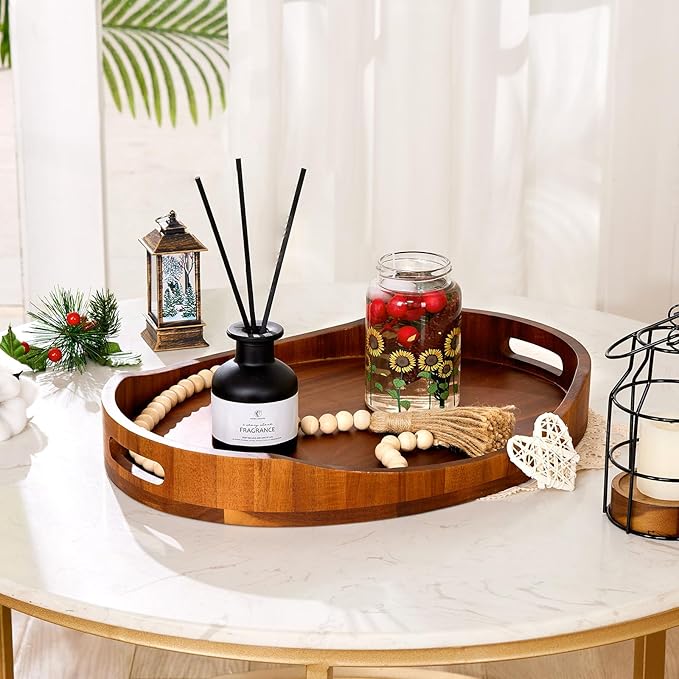 HouseJoy Acacia Wood Serving Tray with Handles, Decorative Ottoman Tray Platter for Breakfast in Bed, Living Room, Coffee Table, Lunch, Dinner, Bathroom, Candle Display,16.5"x13"
