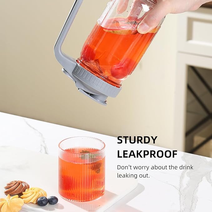 Glass Mason Jar Pitcher with Pour Spout Handle Lid, Breast Milk Pitcher Jug for Ice Tea, Cold Brew Coffee, Fridge Water, Juices, Leak Proof Storage Container (32oz 2Pack)